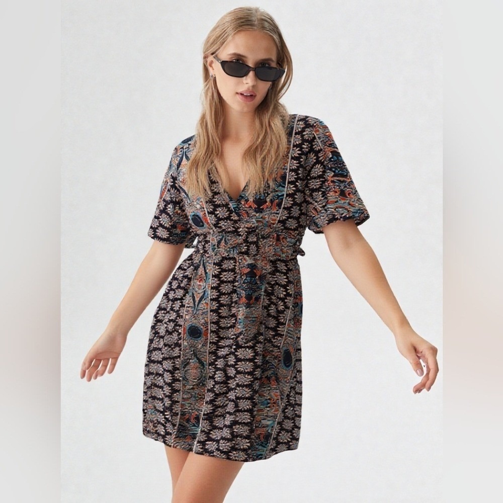 Floral Paisley V-Neck Midi Dress in Navy & Teal, SummerDress, Festival, Feminine